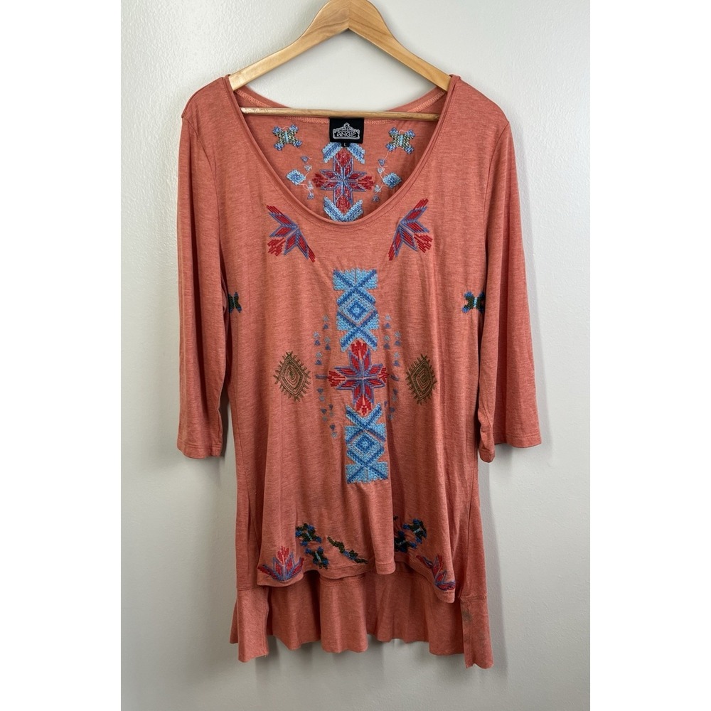 Angie Tunic Dress Coral Embroidered Sz Lg Boho Festival Comfort Oversized